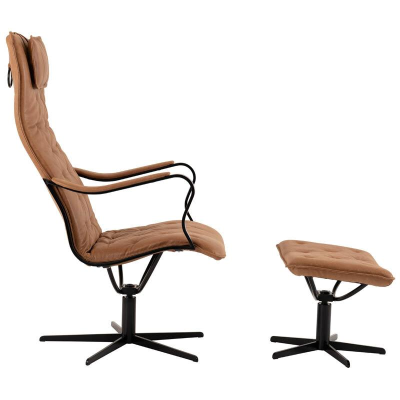 Chic fåtölj gung med fotpall skinn vintage cognac/svart metall#2