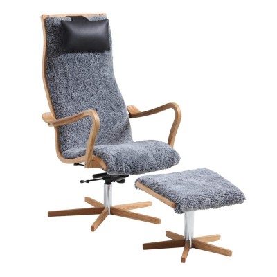 Furiren fåtölj med fotpall fårskinn ljusgrå/oljad ek